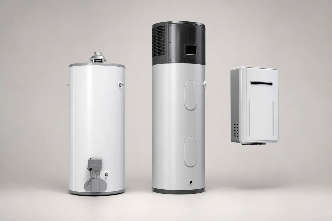 Rheem-style tank, hybrid, and tankless water heater product lineup