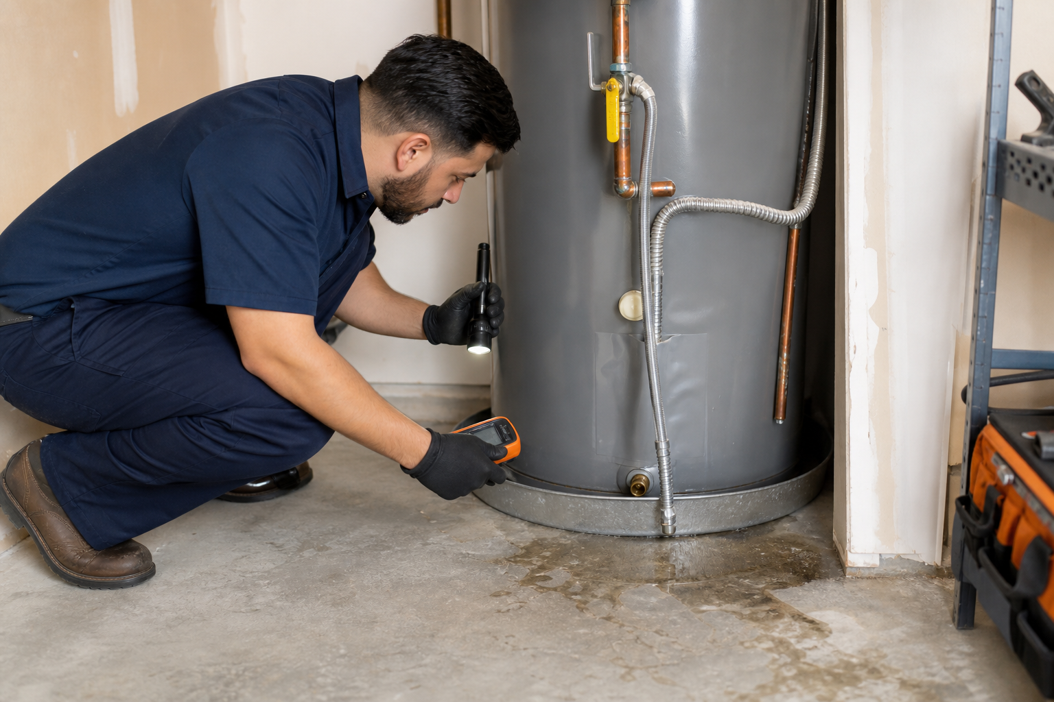 Technician inspecting water near a leaking water heater