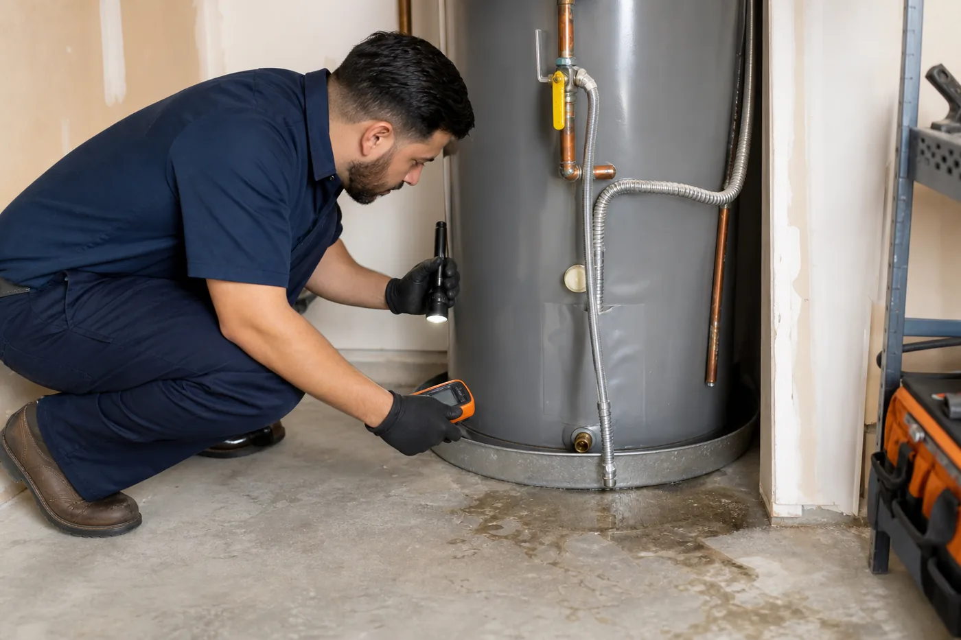 Technician inspecting water near a leaking water heater