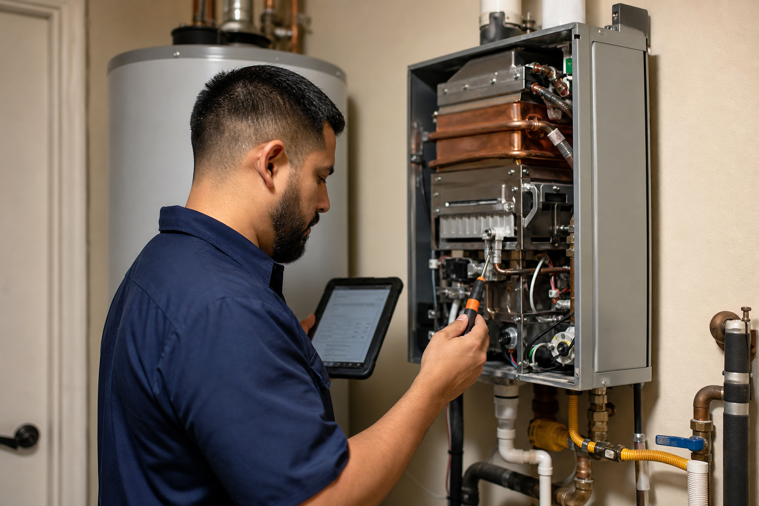 Technician servicing a tankless water heater