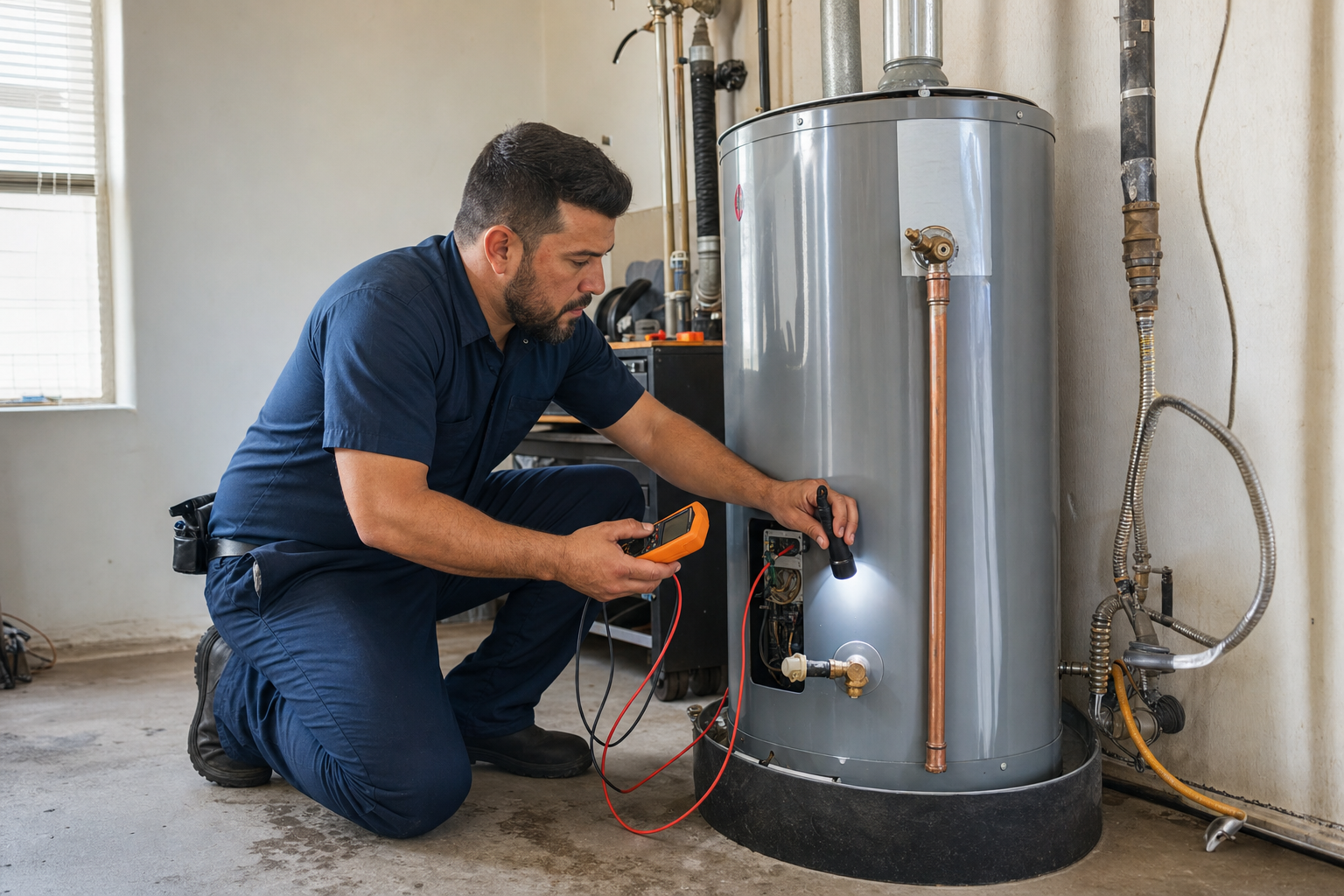 Technician checking water heater components