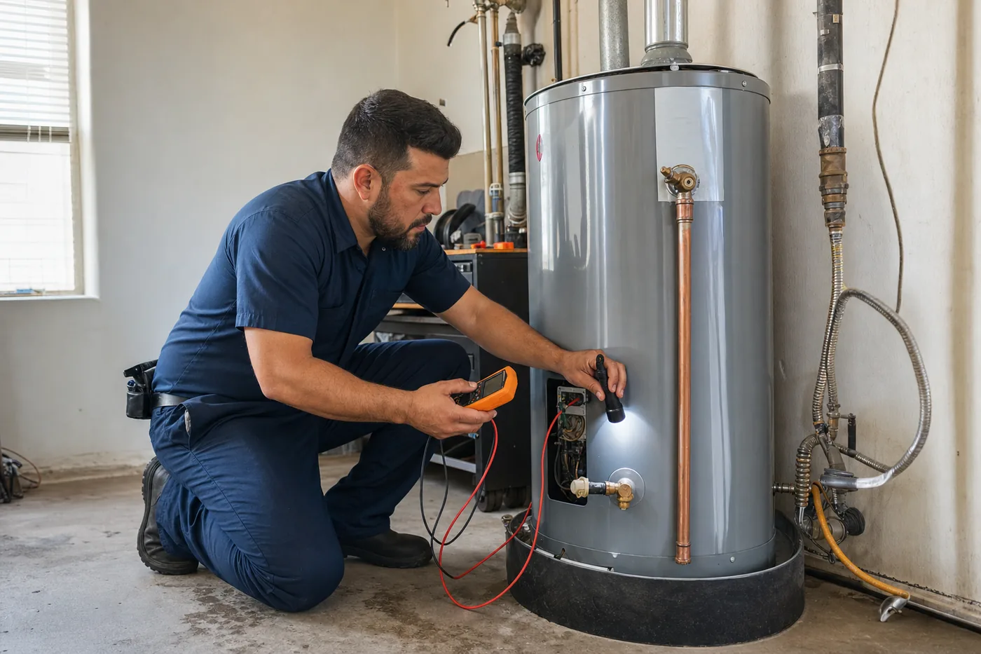 Plumber diagnosing a tank water heater in an Odessa home