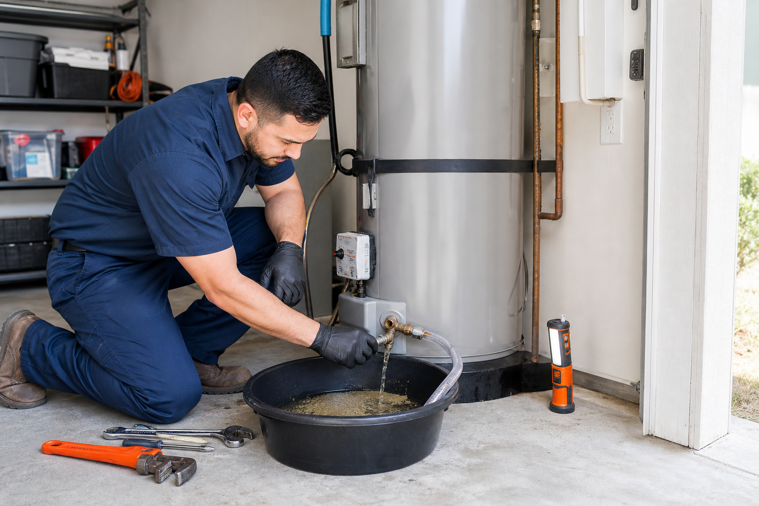 Technician performing water heater maintenance